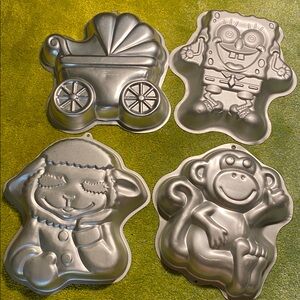 Wilton 4 Cake Pan Lot - Monkey, Baby Buggy, Sponge Bob, Lamb Chop